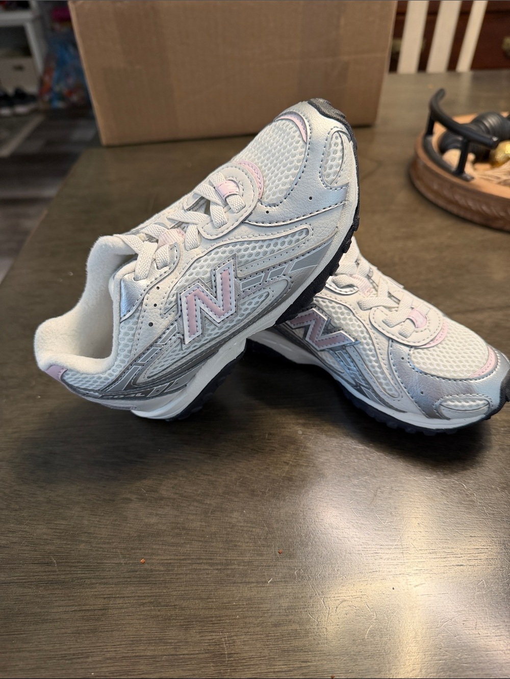 New Balance Kids White Sneakers with Light Pink Accents